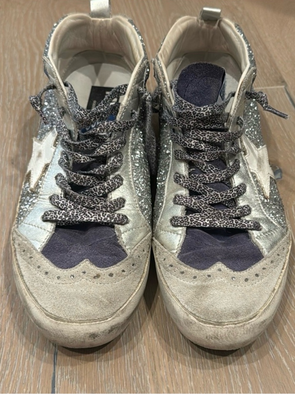 Golden Goose Silver Glitter & Navy Suede High-Top Sneakers
